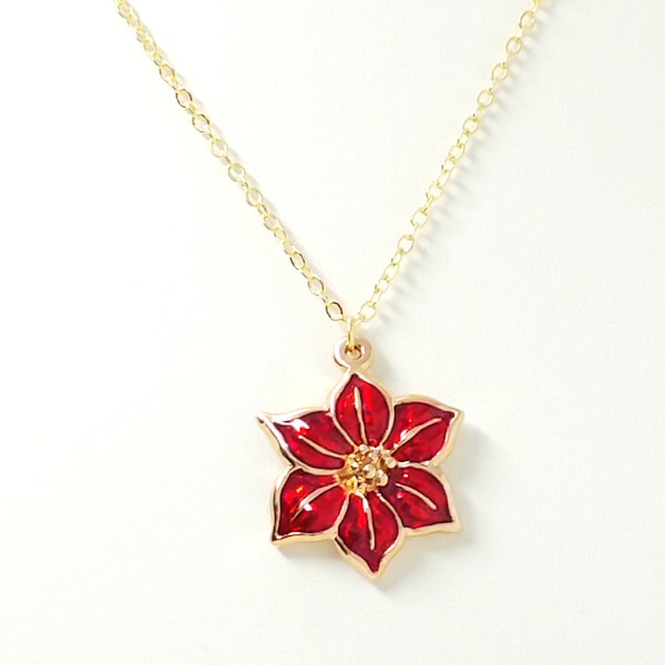 Red Poinsettia Necklace, Flower Necklace, Christmas Necklace, Holiday Necklace, Floral Necklace