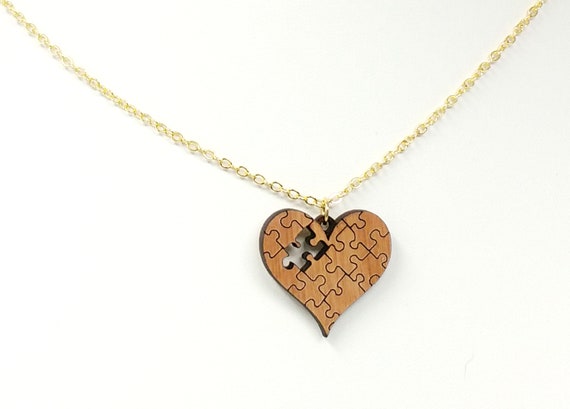 Heart Shaped Autism Puzzle Wood Pendant Necklace, Cause Jewelry, Awareness Jewelry