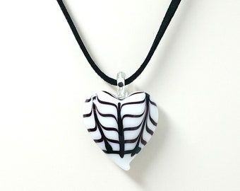Herringbone Black and White Swirled Glass Heart Necklace, Fused Glass, Lampwork, Stained Glass, Suede Necklace