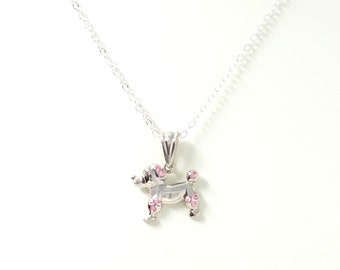 Children's Pink Rhinestone Puppy Dog Necklace, Pet Necklace, Dog Lover's Gift, Poodle Necklace, Doodle Necklace, Pink Poodle Necklace