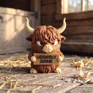 Udderly Done Highland Cow Figure, Skrivbordsleksak, Roligt Djur med Attityd, 3D-utskrivet