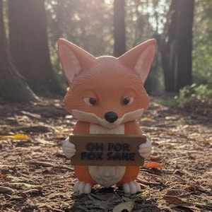 Pode incluir: Uma estatueta de raposa laranja segurando uma placa que diz "OH FOR FOX SAKE". A raposa tem peito e patas brancas, em um fundo florestal desfocado.