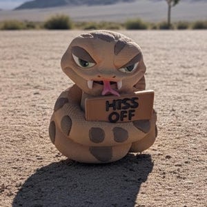 Pode incluir: Uma estatueta de cobra bege e castanha com corpo enrolado, olhos verdes e língua rosa bifurcada. A cobra segura um pequeno sinal retangular nas suas voltas que apresenta o texto preto HISS OFF em letras maiúsculas.