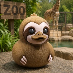 May include: A brown, textured figurine shaped like a hybrid between a sloth and a duck. It features a light pink face, large dark eyes, a duck-like bill, and small light-colored claws on its sides. The surface has a detailed, fur-like texture.