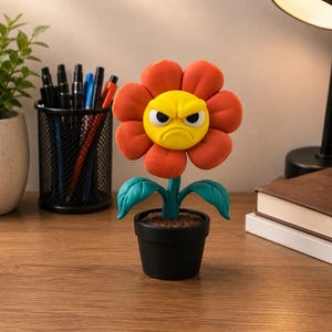 Op de afbeelding: Een decoratief bloemfiguurtje met een felgeel gezicht met een boze uitdrukking, omringd door afgeronde oranje bloemblaadjes. De bloem heeft een groene stengel met twee bladeren en staat in een kleine, effen zwarte cilindrische pot.