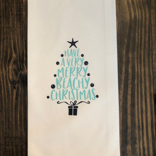 Coastal Christmas decorative kitchen towel ‘Have a very merry beachy Christmas’