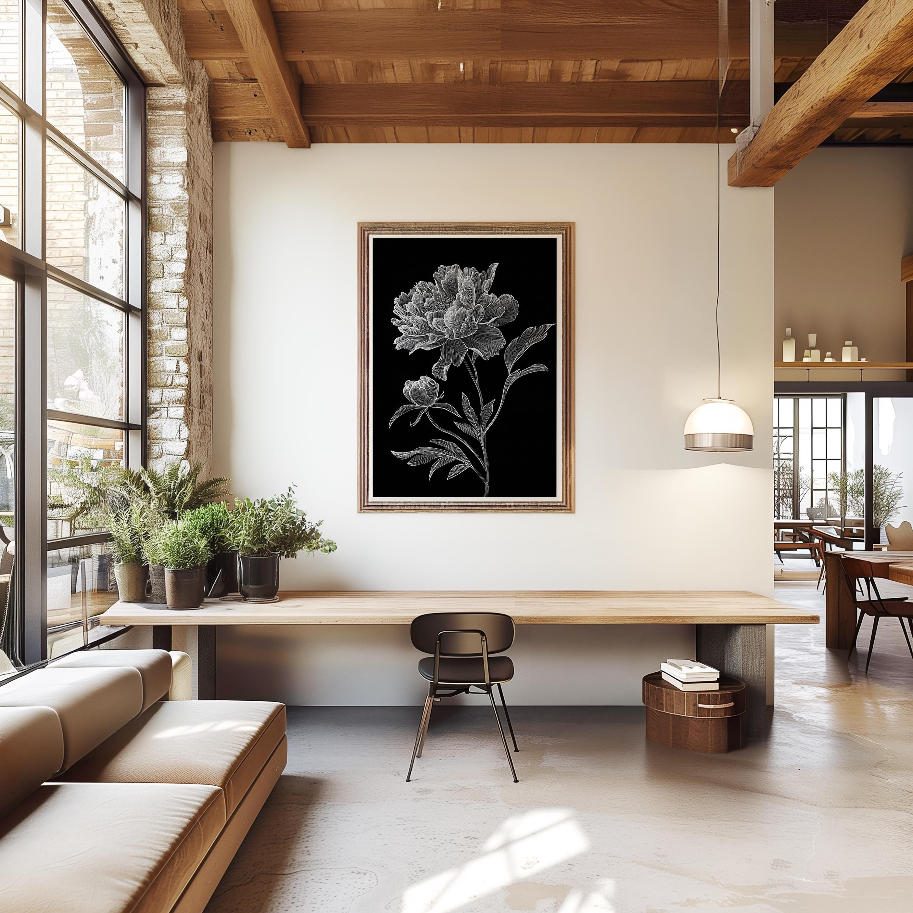 Minimalist White Floral Line Art Print | Black and White Botanical Wall ...