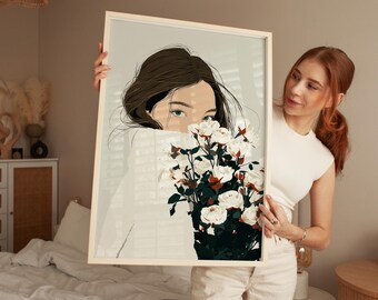 Woman with Flowers Digital Print, Minimalist Wall Art, Modern Portrait, Elegant Home Decor