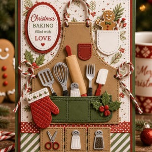 Puede incluir: Una tarjeta de felicitación navideña rectangular con un delantal color canela troquelado con utensilios de cocina que incluyen un batidor, una espátula, un rodillo y un tenedor. La tarjeta muestra un hombre de jengibre, un guante de cocina rojo y el texto Christmas BAKING filled with LOVE.