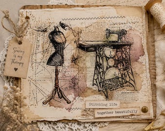 May include: A vintage-style illustration featuring a sewing machine, dress form, and the text "Sewing is my Therapy." The artwork has a distressed, aged appearance with a map-like background and decorative elements.