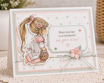 Little Girl Clear Stamp Set | Floral Basket Design | Vintage Style Character | Card Making & Scrapbooking