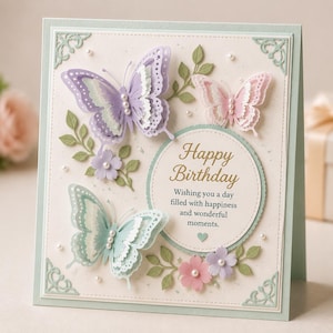 Puede incluir: Tarjeta de felicitación de cumpleaños con borde verde claro y fondo crema. La tarjeta presenta mariposas tridimensionales en tonos morado, rosa y azul, junto con adornos florales y el texto "Happy Birthday".