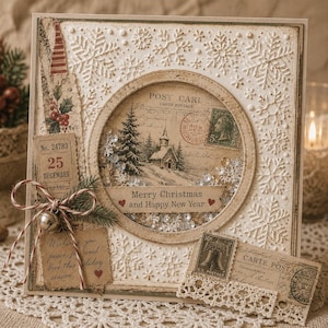 May include: A handmade Christmas card with a vintage aesthetic. The card features a circular window with a winter scene, surrounded by embossed snowflakes. Embellishments include stamps, a bell, and the text "Merry Christmas and Happy New Year."
