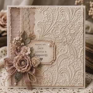 Può includere: Biglietto di auguri quadrato con un motivo in pizzo color crema sul lato destro. Il lato sinistro ha un effetto carta strappata con una composizione floreale e il testo "Wishing you love, laughter & happiness."