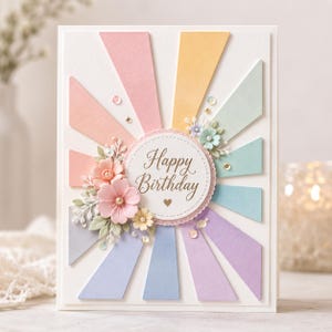 Op de afbeelding: Een rechthoekige wenskaart met een zonnestraalpatroon van pastelkleurige papieren stroken in roze, geel, mint, blauw en lavendel. Een centraal rond wit uitgesneden stuk toont de gouden tekst Happy Birthday en een klein hartje.