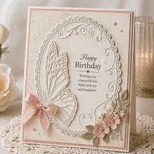Puede incluir: Una tarjeta de cumpleaños color crema con un diseño de ala de mariposa y las palabras "Happy Birthday". La tarjeta presenta un lazo rosa, detalles florales y un marco ovalado decorativo. La tarjeta está adornada con pequeñas perlas rosas.