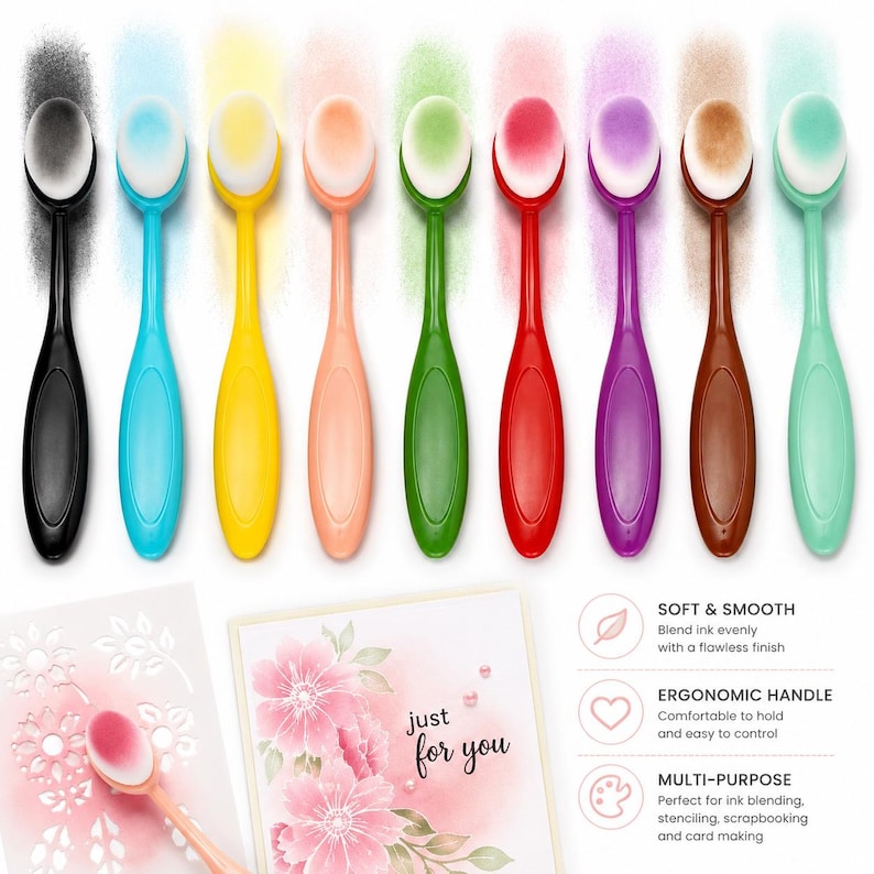 May include: A set of nine colorful blending brushes with ergonomic handles. Each brush has a different colored handle and a white, oval-shaped brush head. The brushes are arranged in a row, with a sample card and stencil below. The text "just for you" is visible.