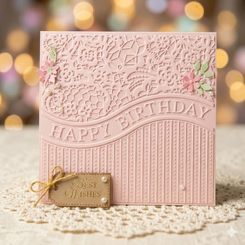 Może przedstawiać: R&oacute;żowa kartka urodzinowa z wytłoczonym napisem "Happy Birthday" na froncie. Karta ma dekoracyjny wz&oacute;r przypominający koronkę i jest ozdobiona małymi r&oacute;żowymi kwiatami i perłami. Dołączona jest mała etykieta z napisem "Best Wishes".