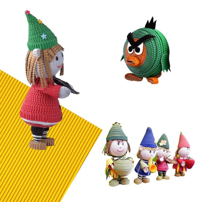 May include: A collection of papercraft figurines, including a green and orange bird, a red and white elf playing a violin, and four elves wearing different colored hats. The elves are holding musical instruments, including a drum, a trumpet, a flute, and a violin.