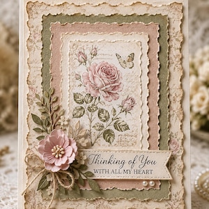 Pode incluir: Um cartão de felicitações retangular com camadas de papel de bordas irregulares em tons de creme, verde sálvia e rosa antigo. O painel central exibe uma ilustração de uma rosa e uma borboleta com o texto Thinking of You WITH ALL MY HEART.