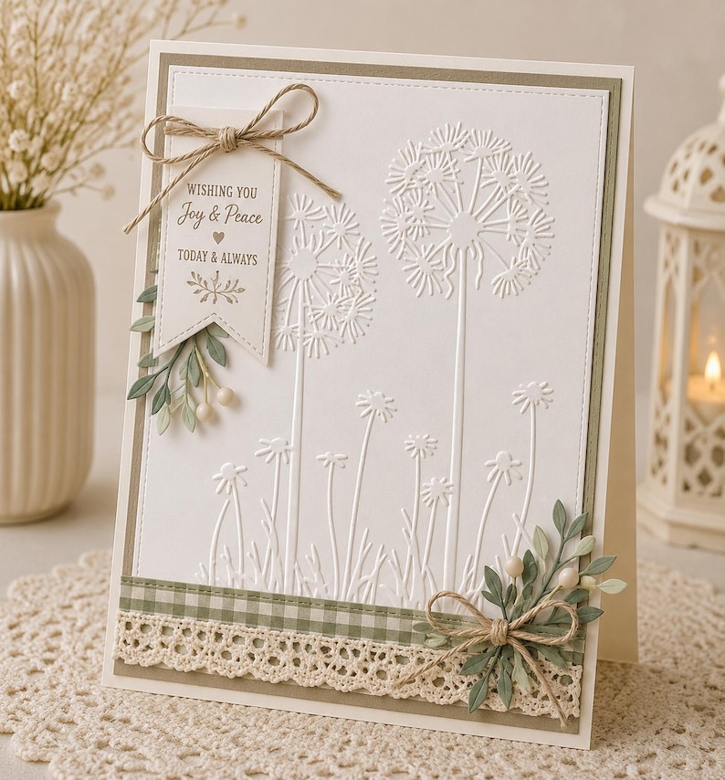 May include: A white greeting card with embossed dandelion designs. The card features a decorative banner with the text "Wishing You Joy & Peace Today & Always". Embellishments include a twine bow, greenery, and a gingham and lace border.