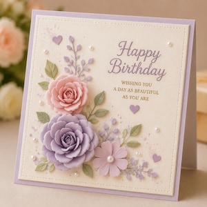 Könnte beinhalten: Eine Geburtstagskarte mit floralem Design. Die Karte zeigt eine rosa und lila Rose, eine hellviolette Blume und grüne Blätter. Der Text "Happy Birthday" ist in Schreibschrift geschrieben, mit der Botschaft "Wishing you a day as beautiful as you are."