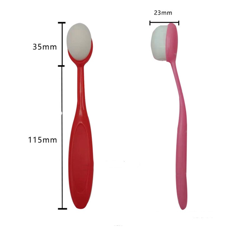 May include: A red and white makeup brush, 115mm long, with a white oval brush head that is 35mm long and 23mm wide. The handle is red and has an ergonomic design. The brush is designed for applying makeup.