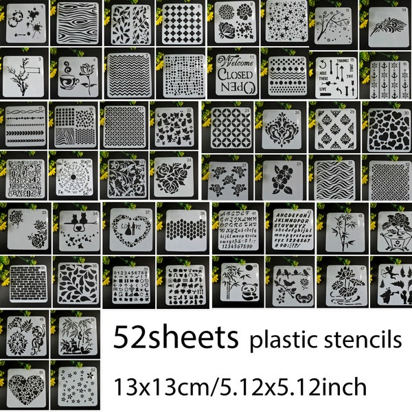 52Sheet Square Sorts of designs plastic stencils  for Journal Notebook Diary Scrapbook DIY Drawing Template Journal Stencils