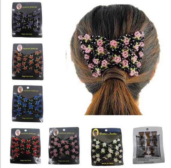 6 Pieces Magic Hair Comb Elastic Flower Beaded Hair Clips Etsy