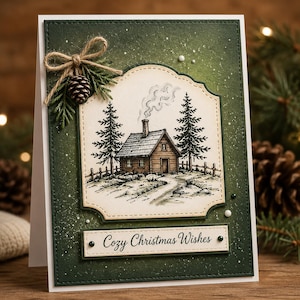 May include: A greeting card with a dark green background featuring a central cream-colored panel with a black ink illustration of a cabin, pine trees, and smoke. A jute twine bow and a small pinecone are attached. The text reads Cozy Christmas Wishes.