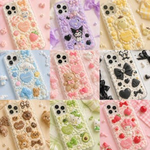 May include: A collection of decorative phone cases in various colors, featuring 3D embellishments. Designs include hearts, bows, teddy bears, and cartoon characters. The cases have a textured, crocheted appearance, with a variety of pastel and vibrant color schemes.