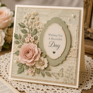 Könnte beinhalten: Eine quadratische Grußkarte mit salbeigrünem Hintergrund und Vintage-Schriftzug, verziert mit geschichteten Papierblumen in zartem Rosa und Creme, einem zentralen ovalen Rahmen mit dem Text Wishing You A Beautiful Day, Spitzenborte und kleinen Perlen.