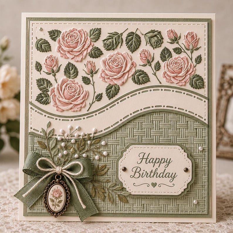 Op de afbeelding: Handgemaakte verjaardagskaart met in reli&euml;f gemaakte roze rozen en groene bladeren. De kaart heeft een groen geweven patroon, een groen lint met een camee en de woorden "Happy Birthday". De kaart heeft een vierkante vorm.