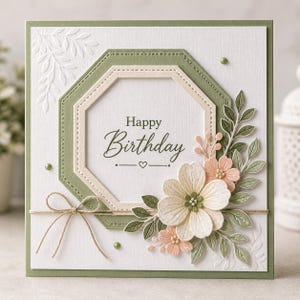 May include: A square greeting card with a white textured background featuring an embossed leaf pattern. An octagonal sage green frame surrounds the text Happy Birthday. A jute twine bow and layered paper flowers in cream and peach adorn the card.