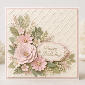 Puede incluir: Una tarjeta de felicitación cuadrada con fondo color crema y un patrón de rejilla de diamantes en relieve. La tarjeta está decorada con flores de papel en capas en tonos rosa suave y hojas verde salvia. Una etiqueta central dice Happy Birthday.
