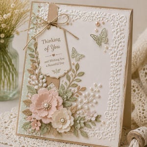 Puede incluir: Una tarjeta de felicitación hecha a mano con un diseño floral. La tarjeta presenta una etiqueta que dice "Thinking of You" y "Wishing You a Beautiful Day". La tarjeta tiene un fondo crema con detalles en relieve, flores de papel y mariposas.