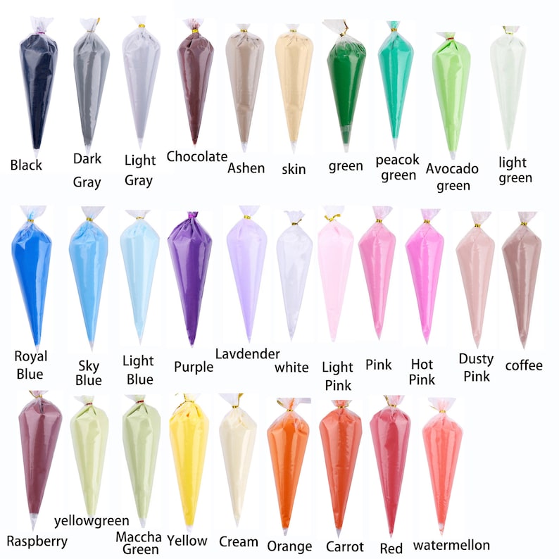 May include: A collection of colorful piping bags filled with various shades of frosting. Colors include black, gray, blue, pink, green, and more. Each bag is labeled with its color name, such as "Chocolate," "Raspberry," and "Orange."