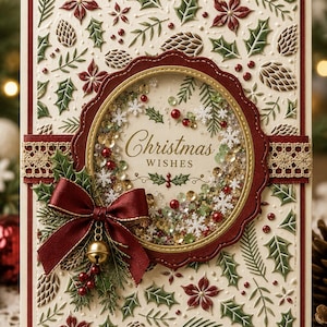 Pode incluir: Um cartão de felicitações de Natal retangular com um fundo creme em relevo apresentando folhas de azevinho verdes, poinsétias vermelhas e pinhas. Uma janela circular central contém lantejoulas e flocos de neve, com o texto Christmas WISHES.