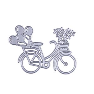 Puede incluir: Una troquelada de metal de una bicicleta con una cesta de flores y globos atados a la parte trasera.