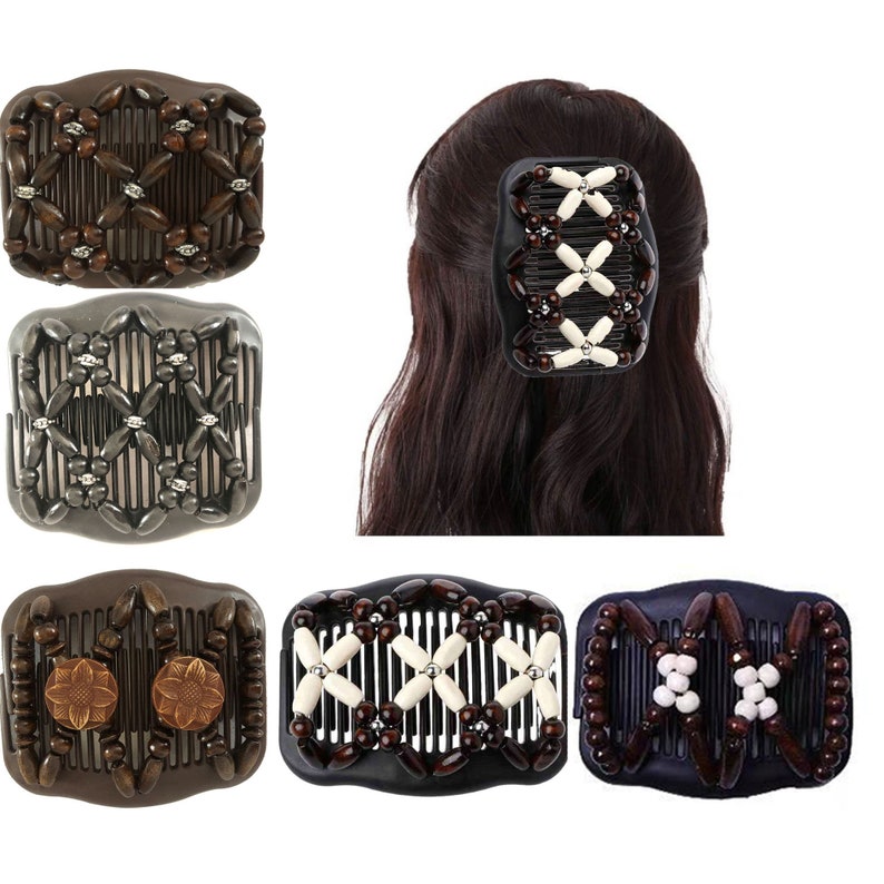 5 Pieces Magic Hair Comb Elastic Wooden Beaded Hair Clips Etsy