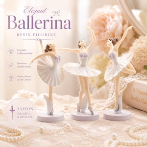 Op de afbeelding: Drie elegante ballerina beeldjes van hars. Elke figuur draagt een witte tutu en spitsschoenen, met bruin haar. Ze staan op een ronde, lichtpaarse basis. De tekst luidt "Elegant Ballerina".