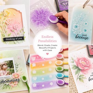 May include: A collage of handmade cards and craft supplies. The cards feature floral designs, watercolor effects, and phrases like "thinking of you" and "just because." Various blending brushes and ink pads are also visible.