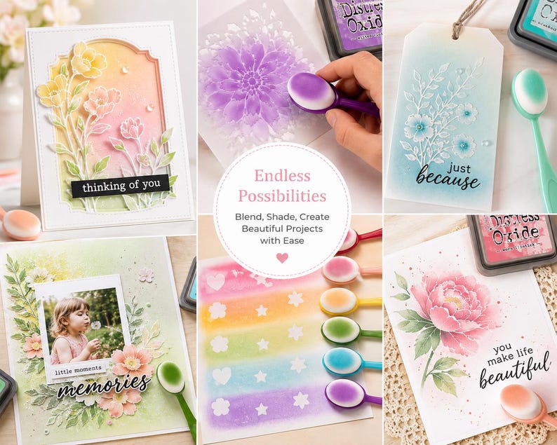May include: A collage of handmade cards and craft supplies. The cards feature floral designs, watercolor effects, and phrases like "thinking of you" and "just because." Various blending brushes and ink pads are also visible.