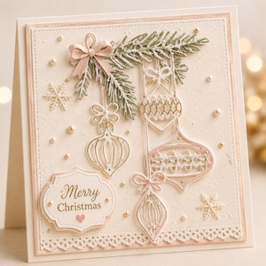 Könnte beinhalten: Eine handgefertigte Weihnachtskarte mit cremefarbenem Hintergrund und dekorativem Design. Die Karte zeigt einen Tannenzweig, hängende Ornamente, eine Schleife, Schneeflocken und die Worte "Merry Christmas". Die Karte ist mit rosa und goldenen Akzenten verziert.