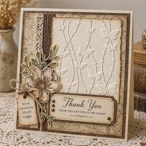 May include: A vintage-style thank you card. It features an embossed butterfly design on cream-colored paper, a decorative flower, and a tag that reads "With Grateful Heart." The card also includes the text "Thank You from the bottom of my heart."