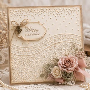 May include: A square greeting card with a cream-coloured base featuring embossed floral patterns, a scalloped tag with the text Happy BIRTHDAY, a twine bow with a metal charm, and a cluster of fabric roses in shades of pink, cream, and sage green.