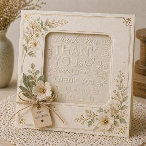 Puede incluir: Una tarjeta de felicitación cuadrada de color crema con texto en relieve que dice Thank You en varios estilos. La tarjeta está decorada con ilustraciones florales, una flor de papel tridimensional y una pequeña etiqueta con la inscripción With Gratitude.
