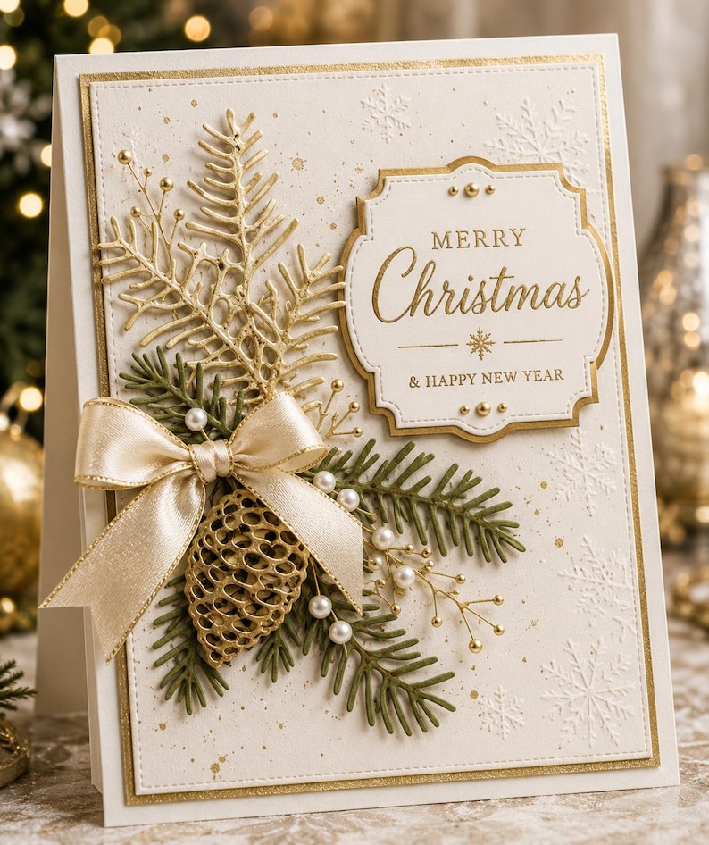 May include: A cream-coloured greeting card featuring a gold-foiled Merry Christmas & Happy New Year label, a gold pinecone, green pine sprigs, a champagne-coloured satin ribbon bow, and embossed snowflake patterns with gold speckles.