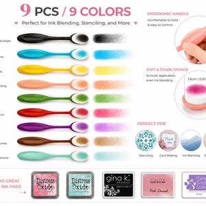 May include: Nine ink blending tools in various colors, including black, blue, yellow, peach, green, red, purple, brown, and mint. Each tool has an ergonomic handle and a soft, dense sponge for smooth application. The image also shows ink pads and examples of use for stenciling, card making, and scrapbooking.