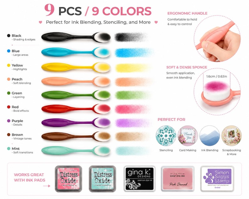 May include: Nine ink blending tools in various colors, including black, blue, yellow, peach, green, red, purple, brown, and mint. Each tool has an ergonomic handle and a soft, dense sponge for smooth application. The image also shows ink pads and examples of use for stenciling, card making, and scrapbooking.